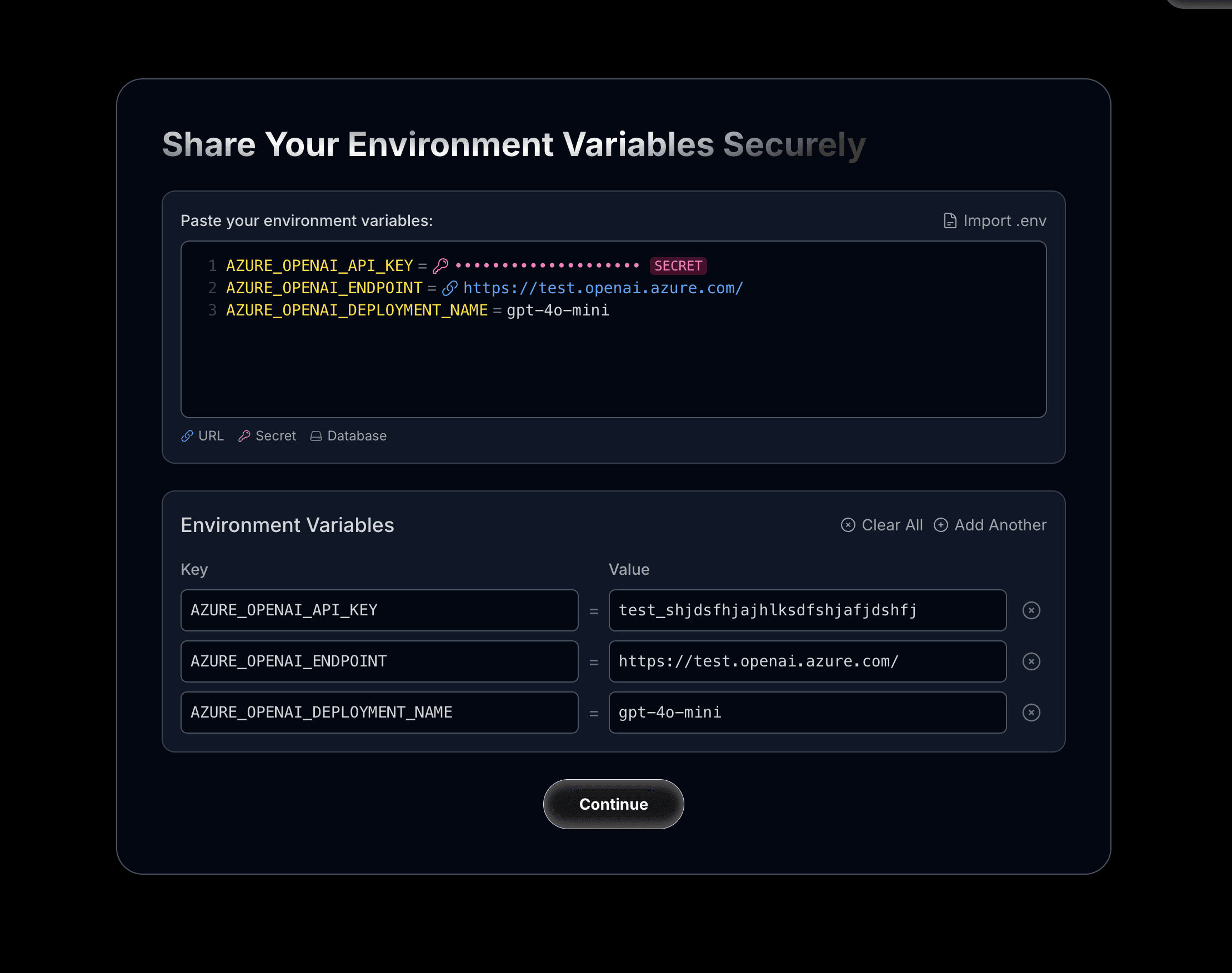 Secure environment variable sharing dashboard